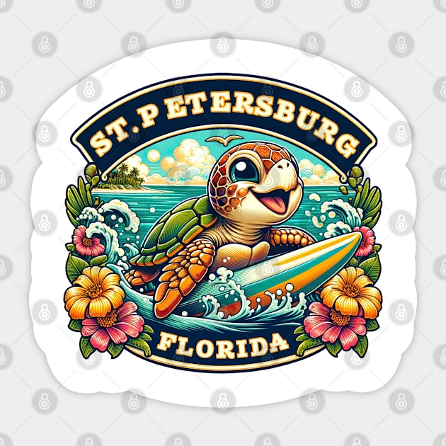 St. Petersberg Florida Cute Sea Turtle Surfing Sticker by grendelfly73